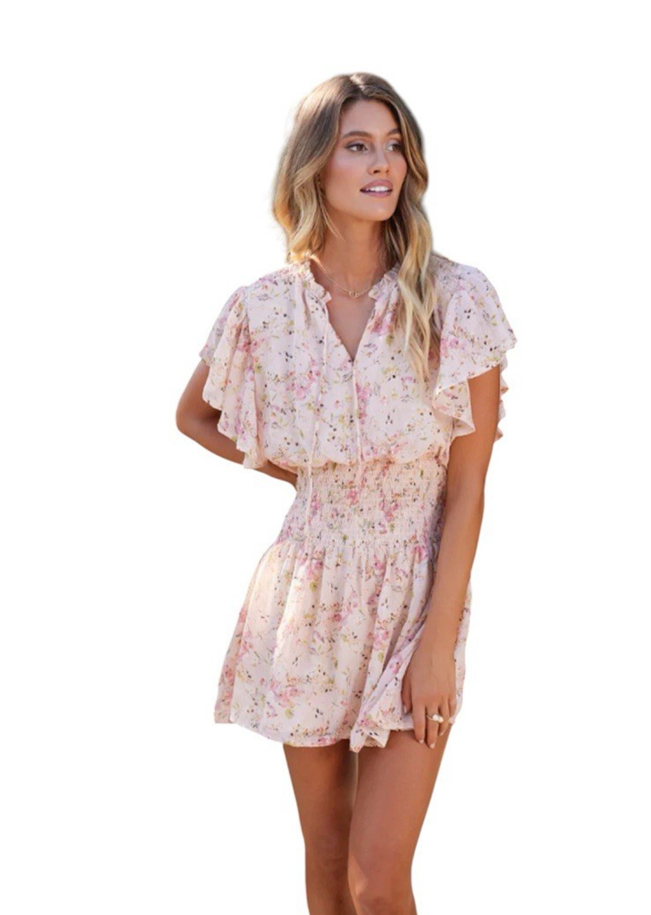 Bishop & Young Dress Medium Lana Flutter Sleeve Pink Floral Smocked Fairy Mini
